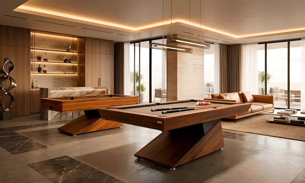 Sala de jogos de alto padrão integrada à área social em projeto arquitetônico de luxo