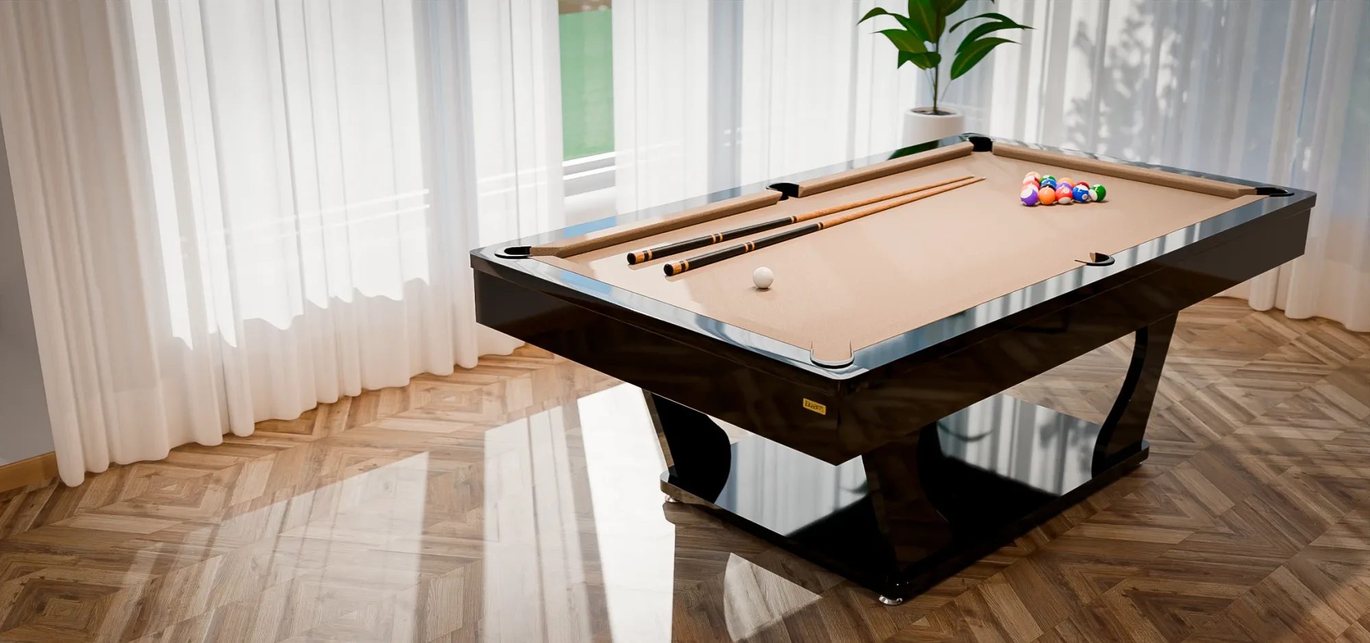 Mesa de sinuca Ravena Super Luxo, da Bilhart's, em ambiente de alto padrão