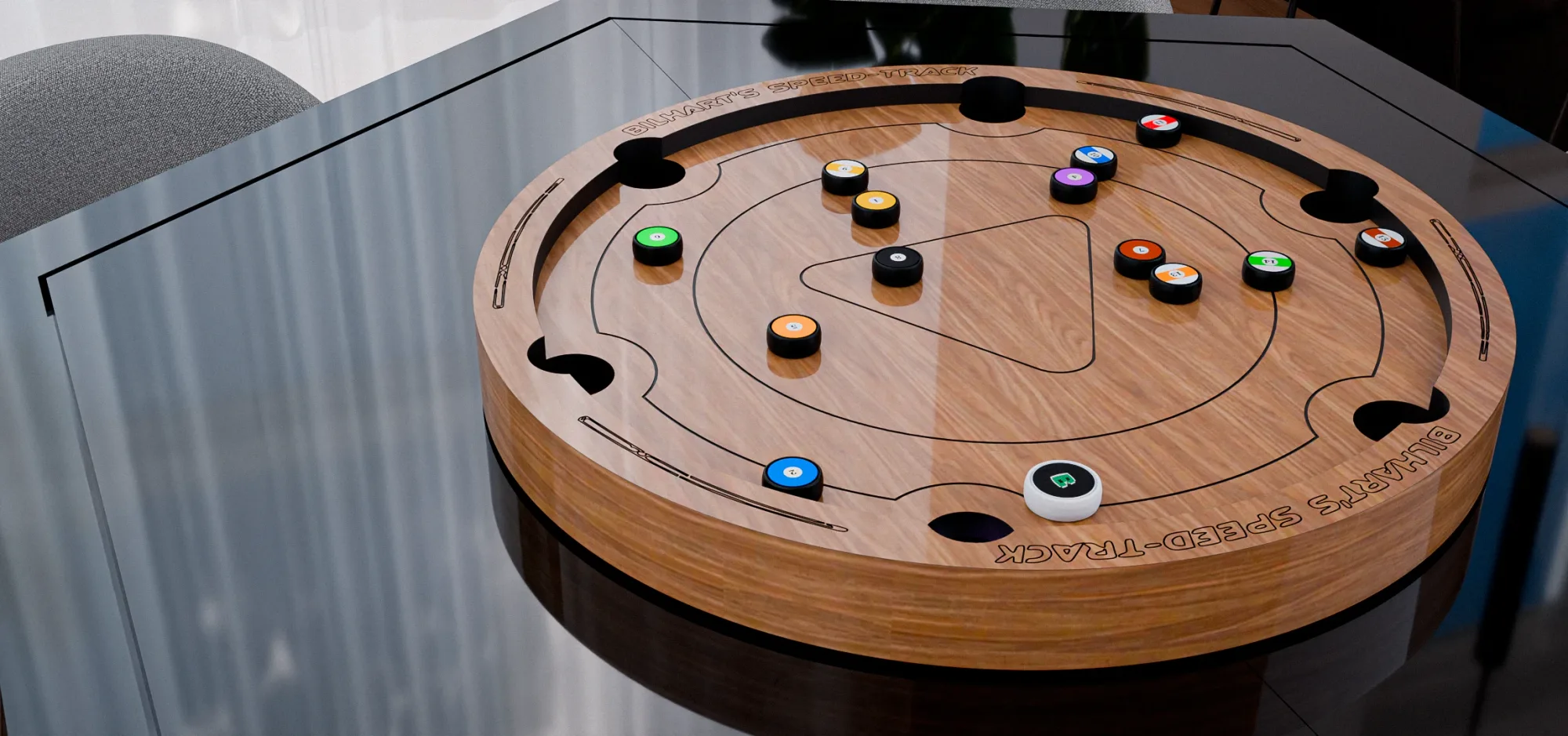 Speed Track, jogo de sinuca circular da Bilhart's, em ambiente de lazer